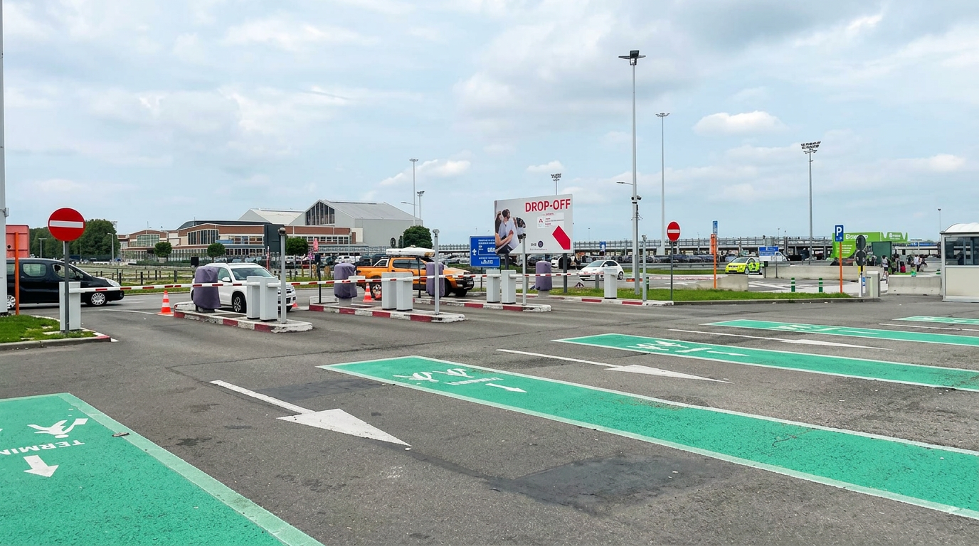 Zone dépose-minute Kiss & Ride de Brussels Airport Zaventem avec voies vertes et barrières